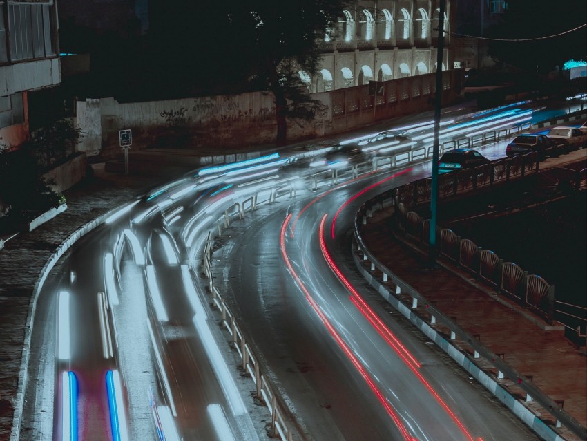 road, turn, long exposure, night