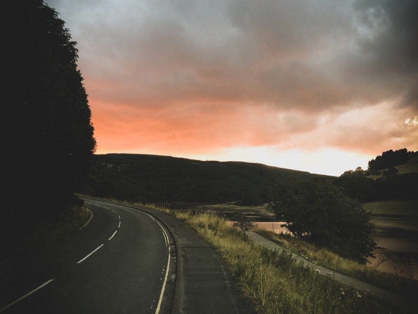 Road Turn Sunset Trees Sky Clouds Background