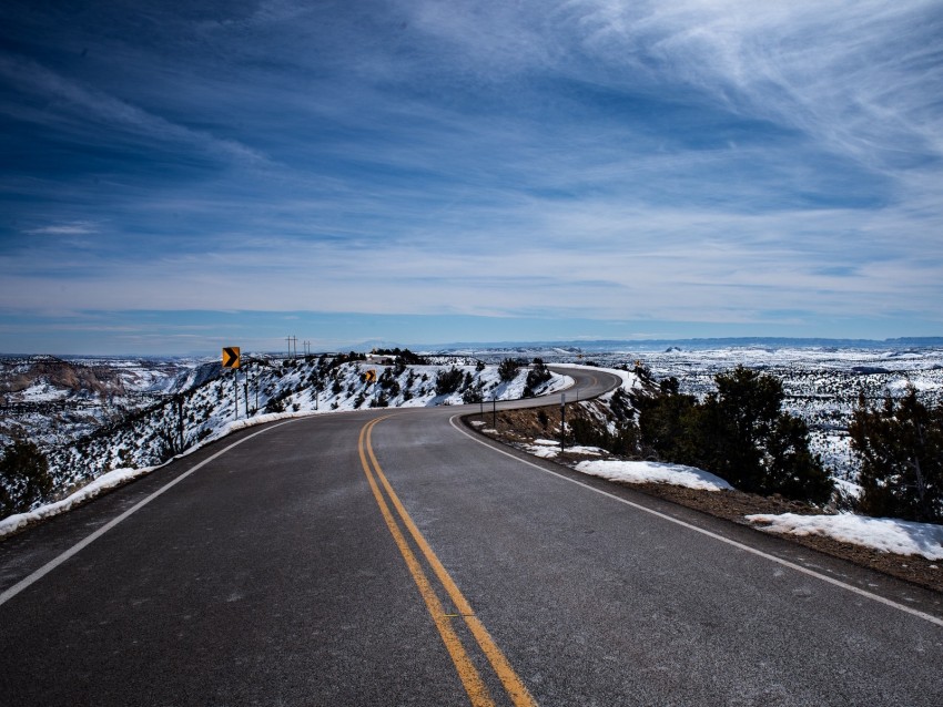 road, turn, winding, asphalt, horizon, snowy