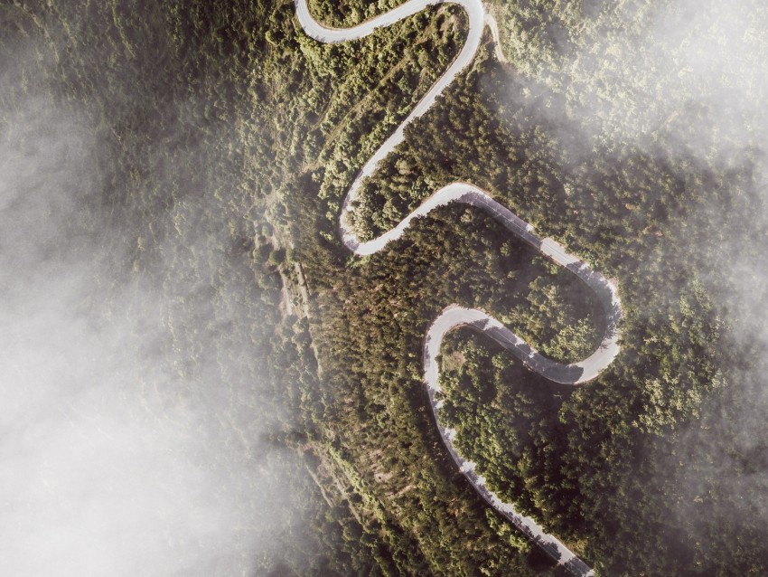 Road Winding Aerial View Mountains Forest Clouds Background