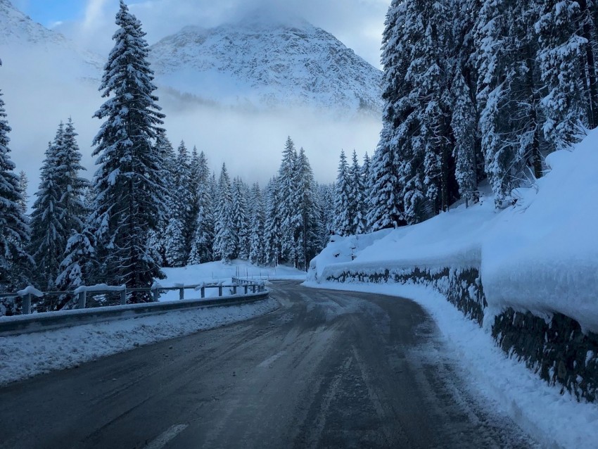 Road Winter Snow Turn Mountains Trees Background