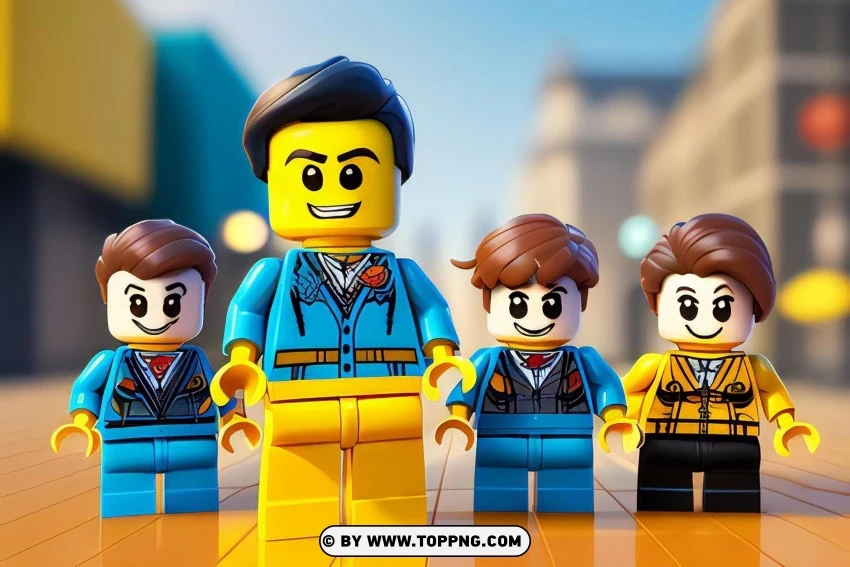 LEGO figures, colorful characters, animated style, group portrait, playful scene