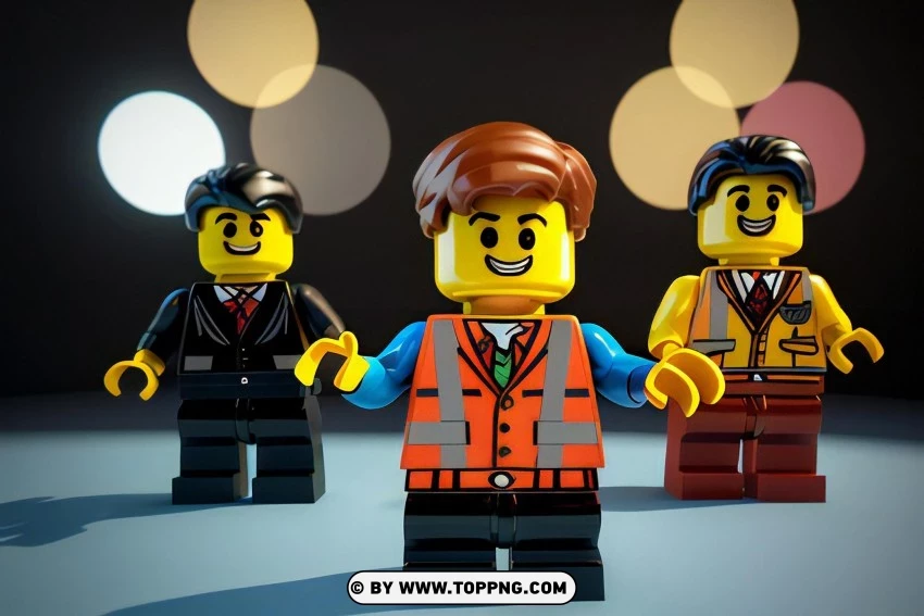 LEGO figures, animated characters, colorful outfits, creative toys, playful scene