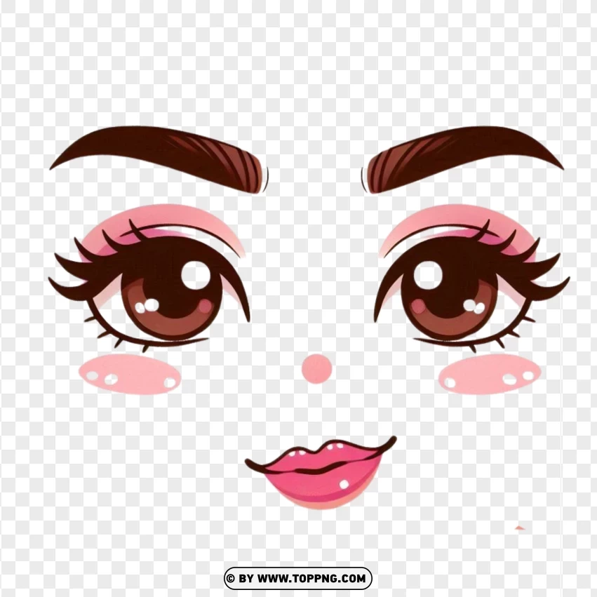 Roblox Avatar Face With Brown Eyes With Pink Eyeshadow And A Small Smiling Mouth With Pink Lipstick PNG Transparent Background