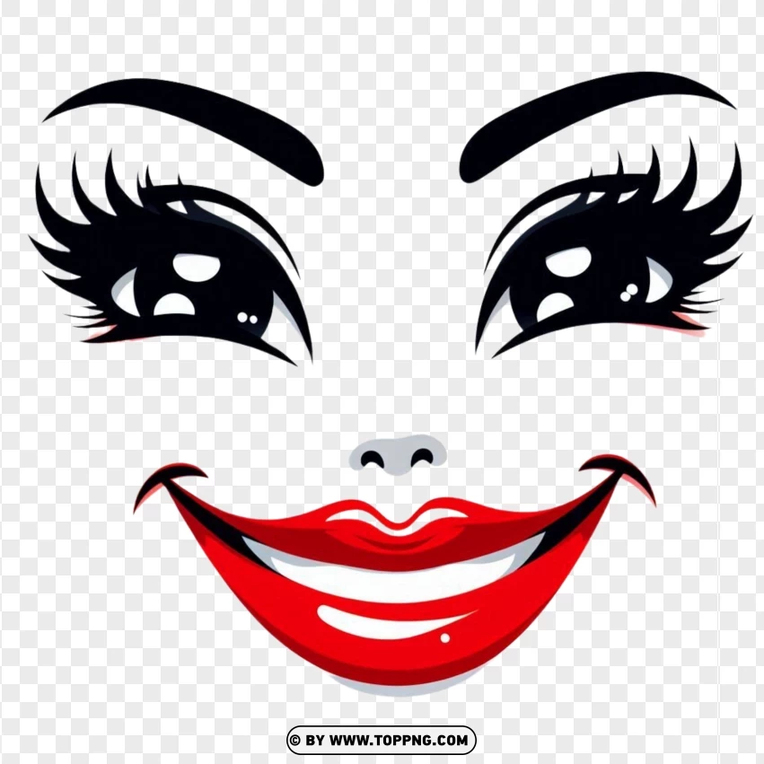 Roblox Avatar Face With Black Eyes With Long Lashes And A Toothy Grin With Red Lipstick PNG Transparent Background