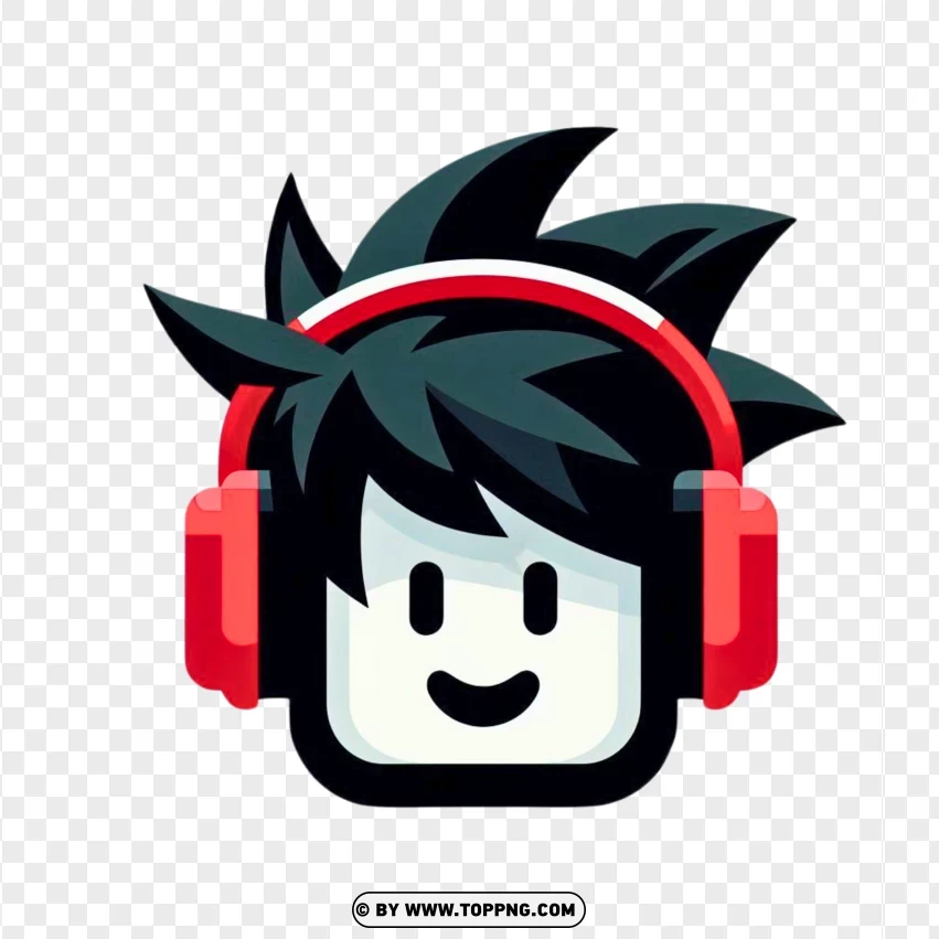 Roblox Face With Black Spiky Hair And Red Headphones PNG Transparent Background