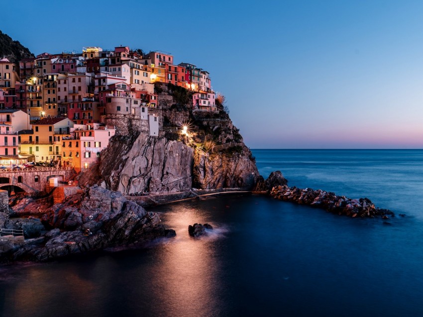 rock, city, sea, sunset, italy