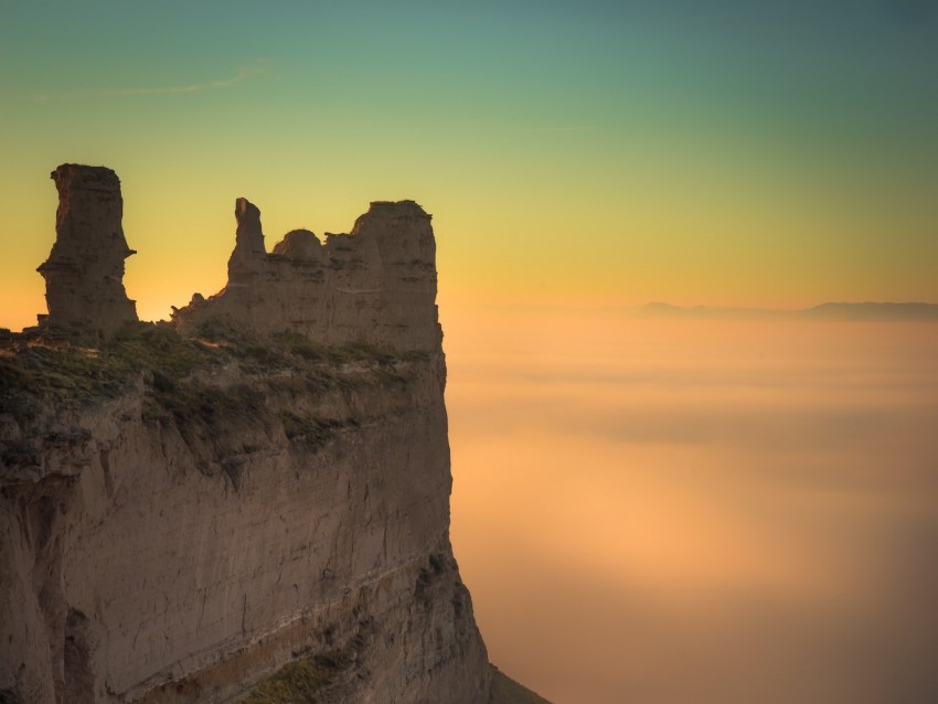 rock, cliff, fog, mountain, height, stone