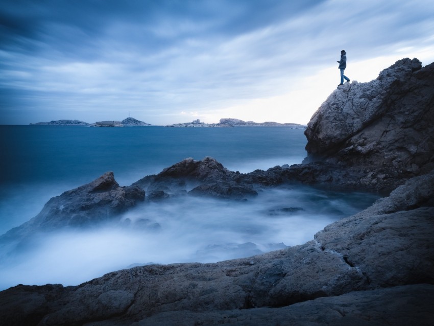 rock, cliff, man, sea, loneliness, water