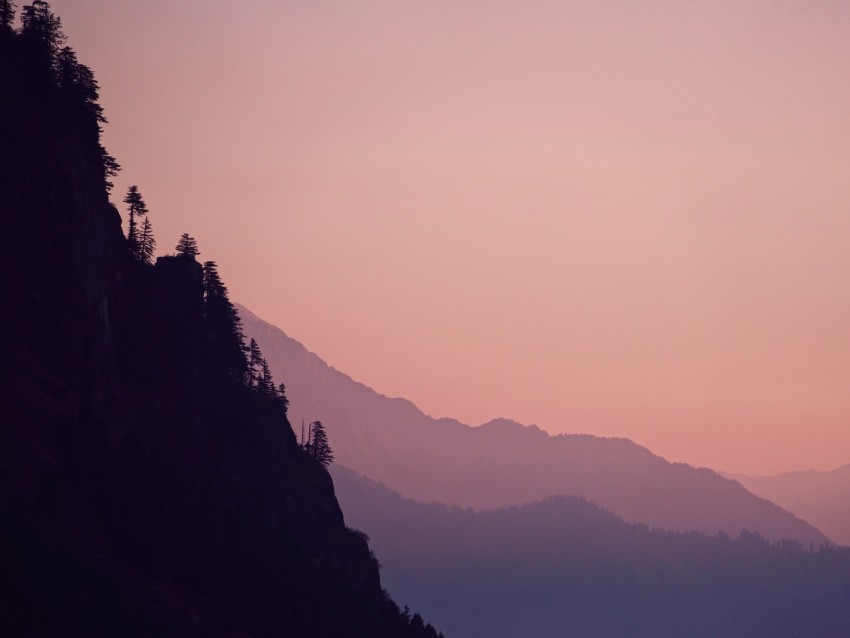 Rock Mountains Trees Evening Cliff Background