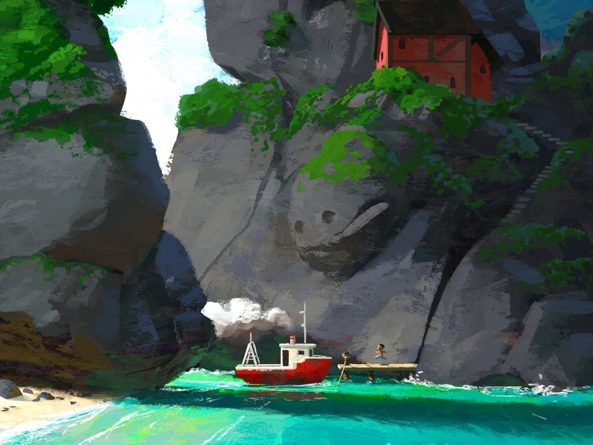 rock, sea, art, ship, child, house