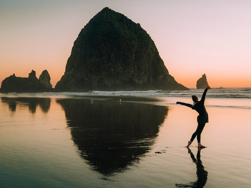 rock, silhouette, coast, sunset, ocean