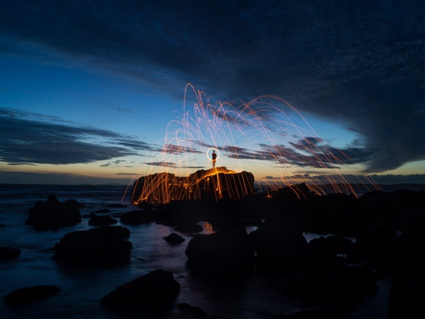 rock, silhouette, light art, light, lines