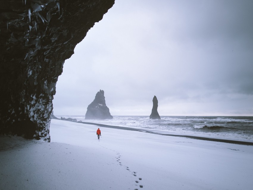 Rock Snow Lonely Traces Walk Background