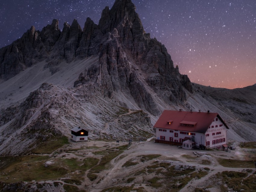 Rocks Mountains Starry Sky House Night Background