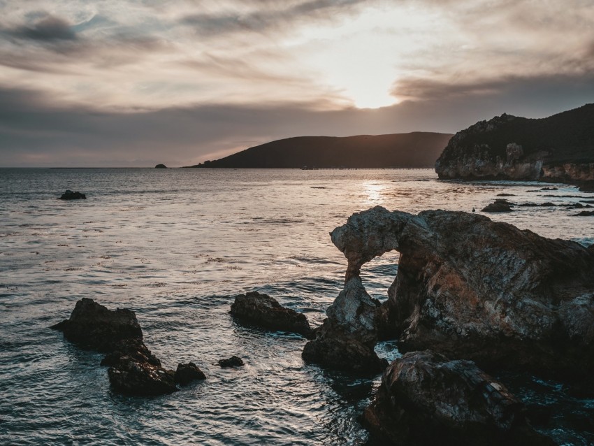 rocks, sea, sunset, sky, horizon