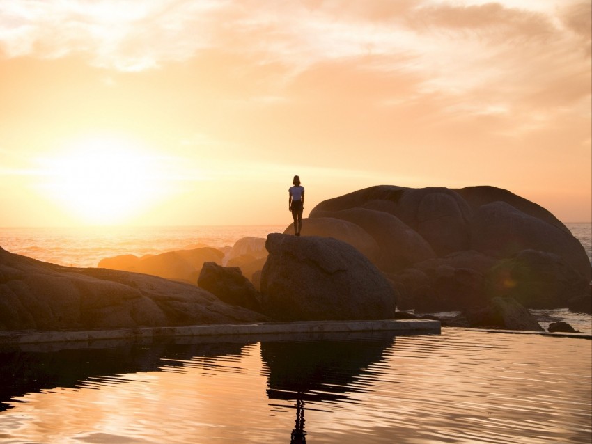 rocks, silhouette, sunset, water, south africa