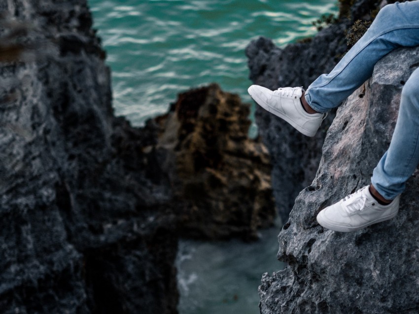 Rocks Water Legs Sneakers Shore Background