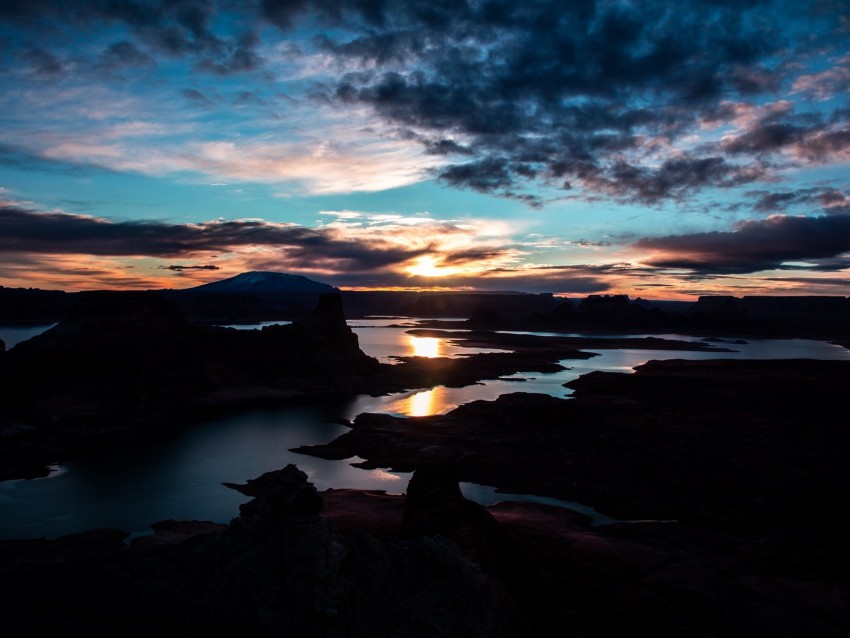 rocks, water, sunset, clouds, sun rays, reflection, outlines