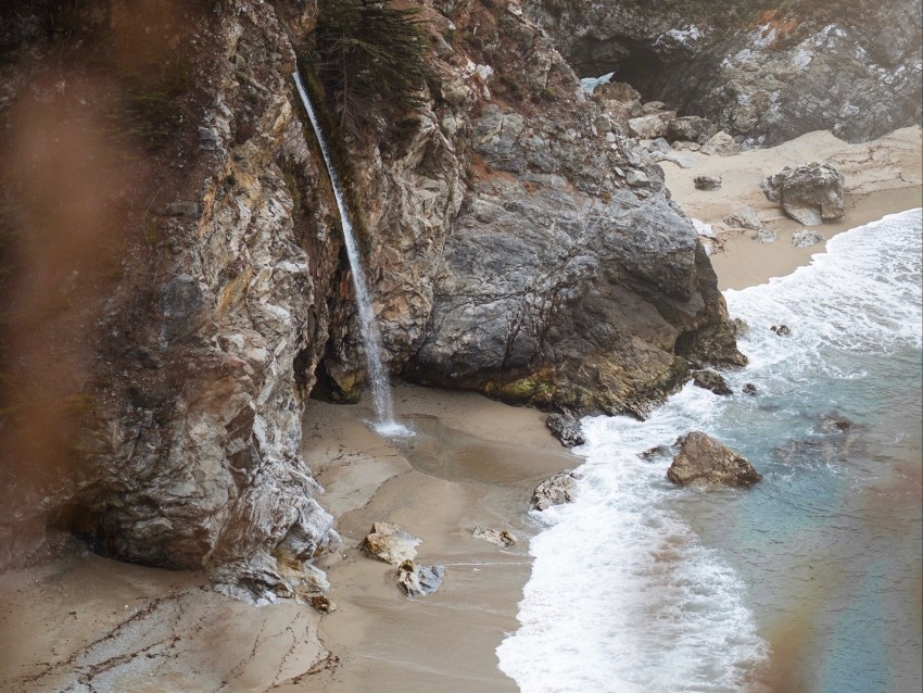 rocks, waterfall, sea, coast, beach