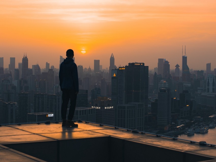 Roof Man City Sunset Buildings Overview Background