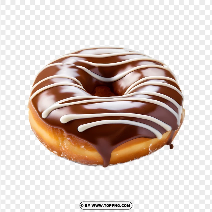 Round Donut With Dark Chocolate Coating And White Drizzle PNG Transparent Background