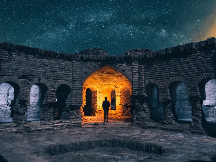 Ruins Silhouette Starry Sky Architecture Background