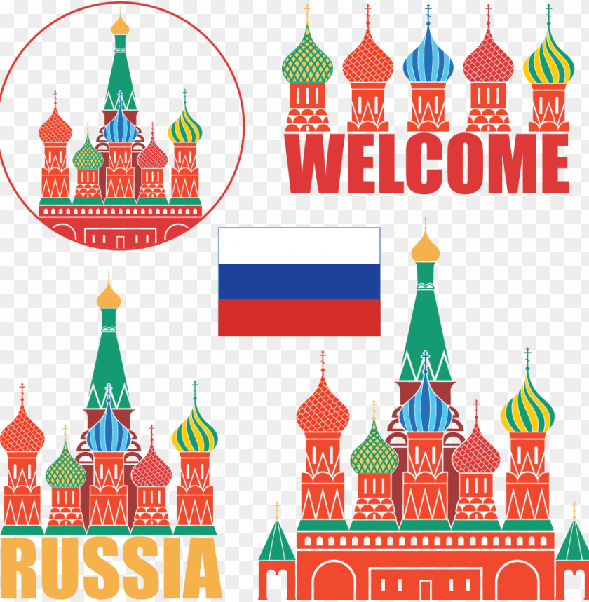 Colorful Kremlin buildings with welcome and Russia text PNG