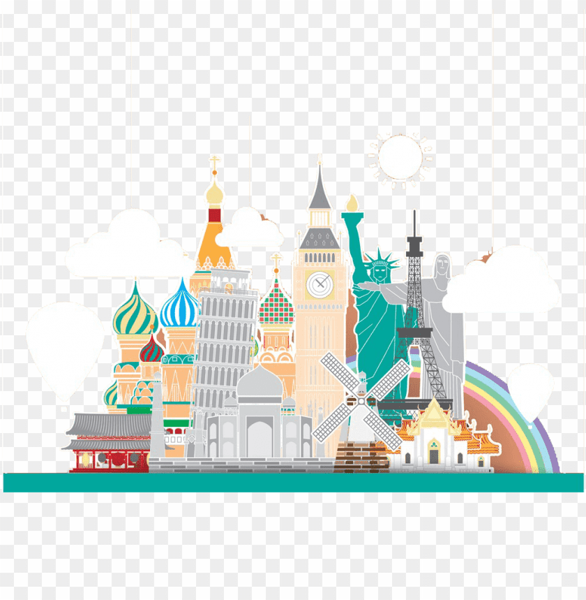 Illustration of famous landmarks from around the world with colorful elements PNG