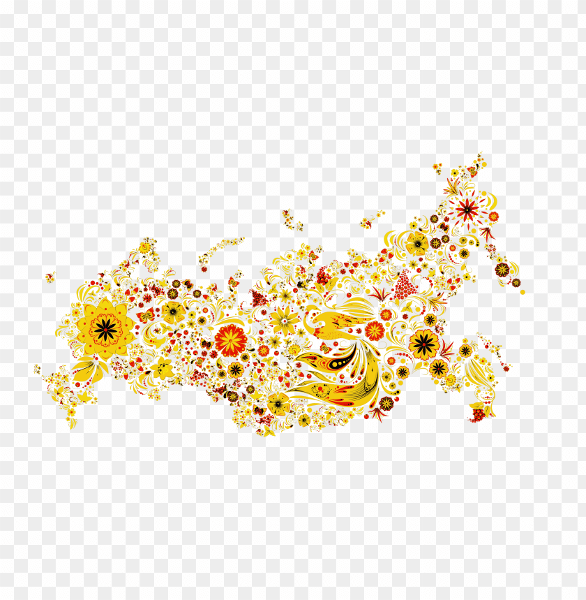 Colorful floral map of Russia with vibrant yellow and red designs PNG