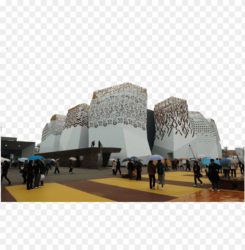 Modern architecture with people and umbrellas at an outdoor event PNG