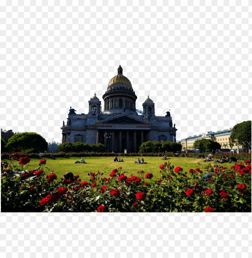 St. Isaac's Cathedral surrounded by roses in a garden setti PNG