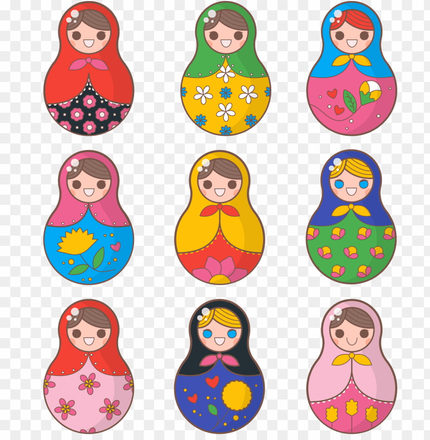 Colorful Russian nesting dolls arranged in a grid PNG