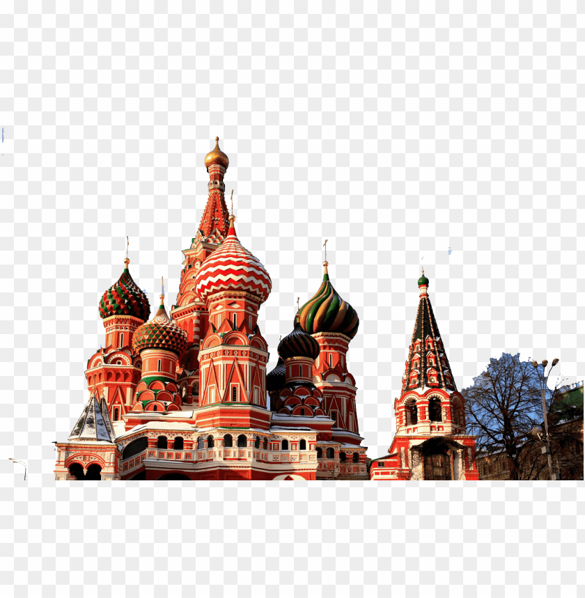 Colorful onion domes of St. Basil's Cathedral in Moscow against a transparent background PNG