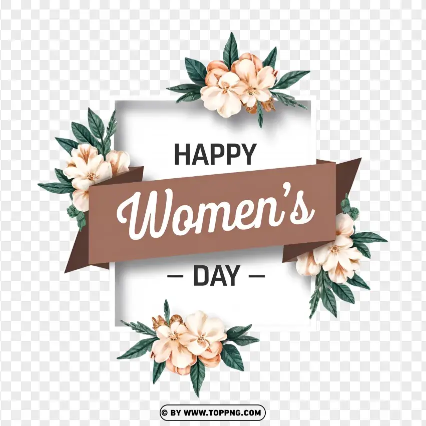 Happy Womens Day Banner With Floral Elements And Brown Ribbon PNG Transparent Background