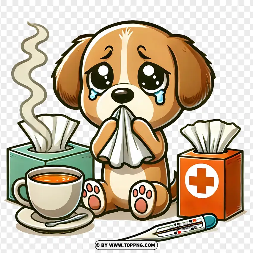 Sad Puppy With Tea And Thermometer PNG Transparent Background