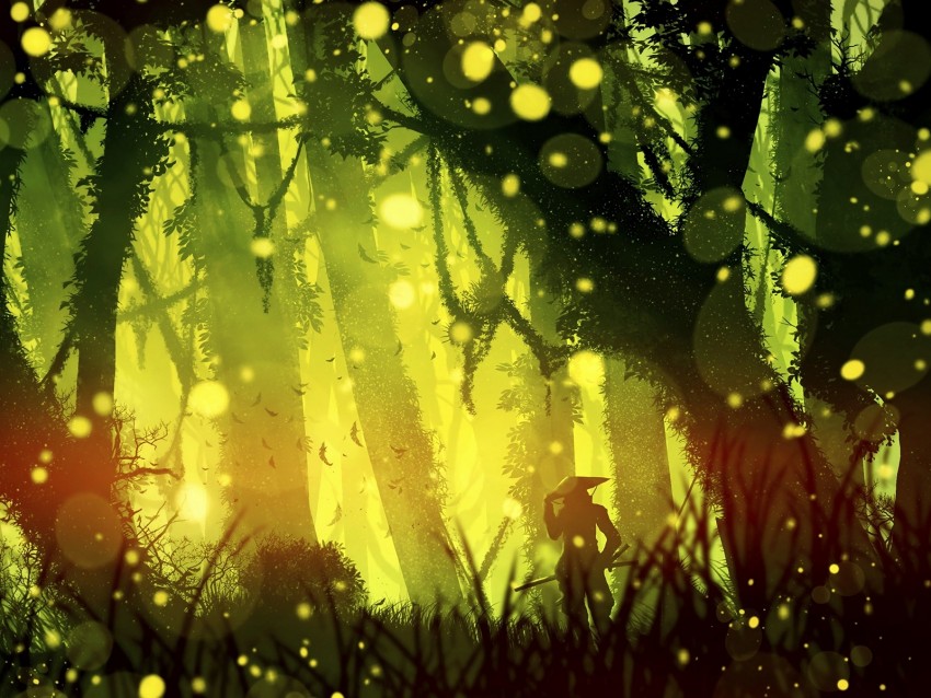 samurai, jungle, light, glare, bright, green