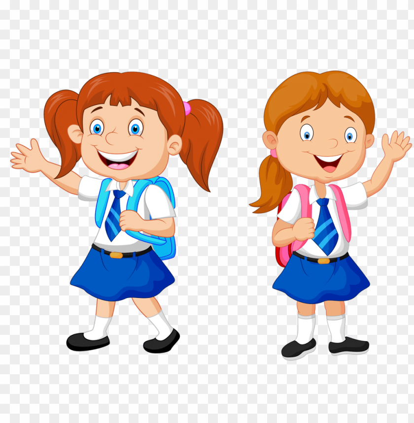 cartoon children, school girls, school uniforms, backpacks, happy kids, waving girls, colored hair