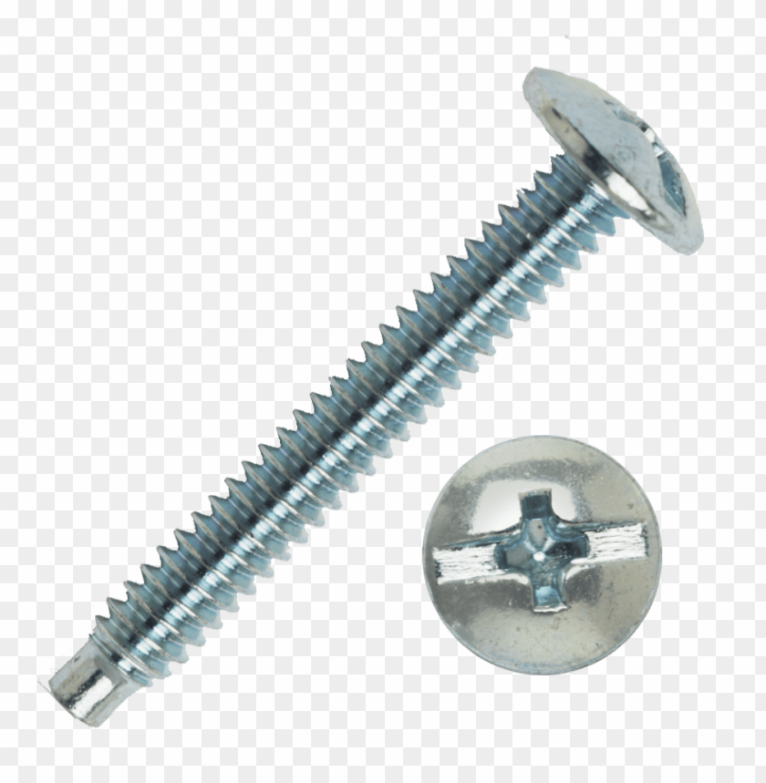 Close-up of a silver screw with a circular head and threaded shaft