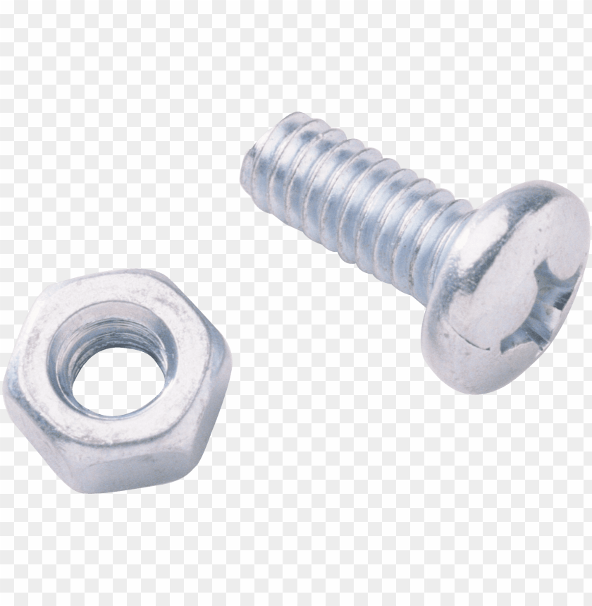 Close-up of a metal screw and nut on a transparent background