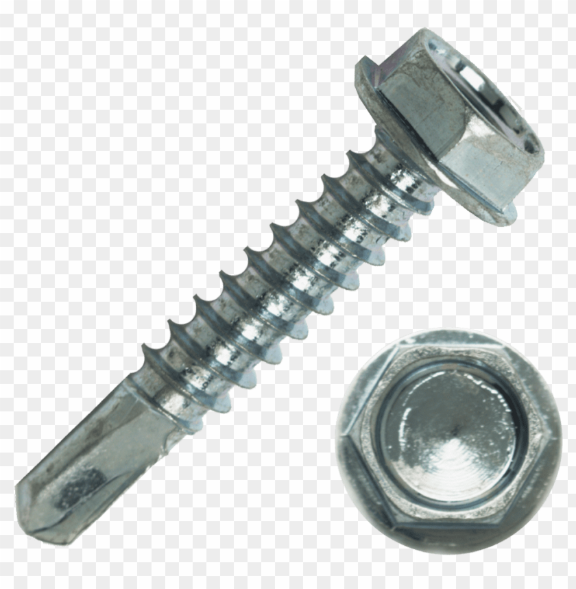 Close-up of a metallic screw and nut on a transparent background.