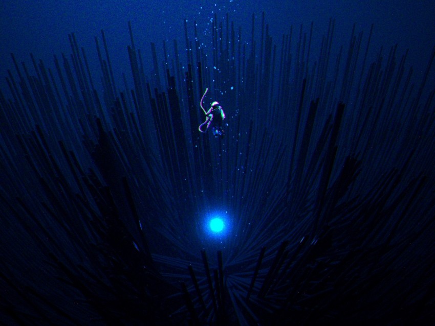 Scuba Diver Levitation Dark Shine Space Background