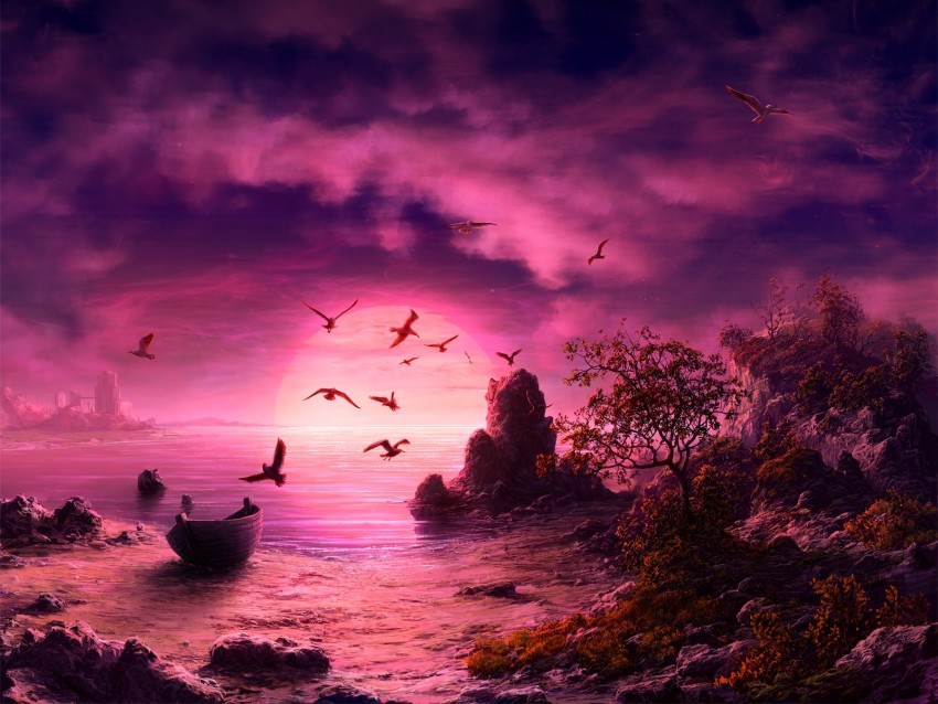 Sea Art Boat Birds Rocks Shore Horizon Background