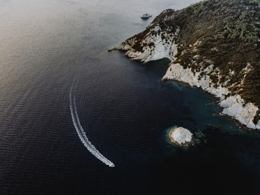 sea, boat, aerial view, waves, water, shore