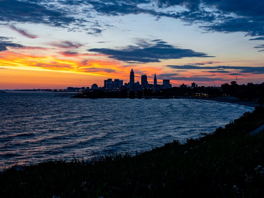 sea, city, coast, buildings, twilight