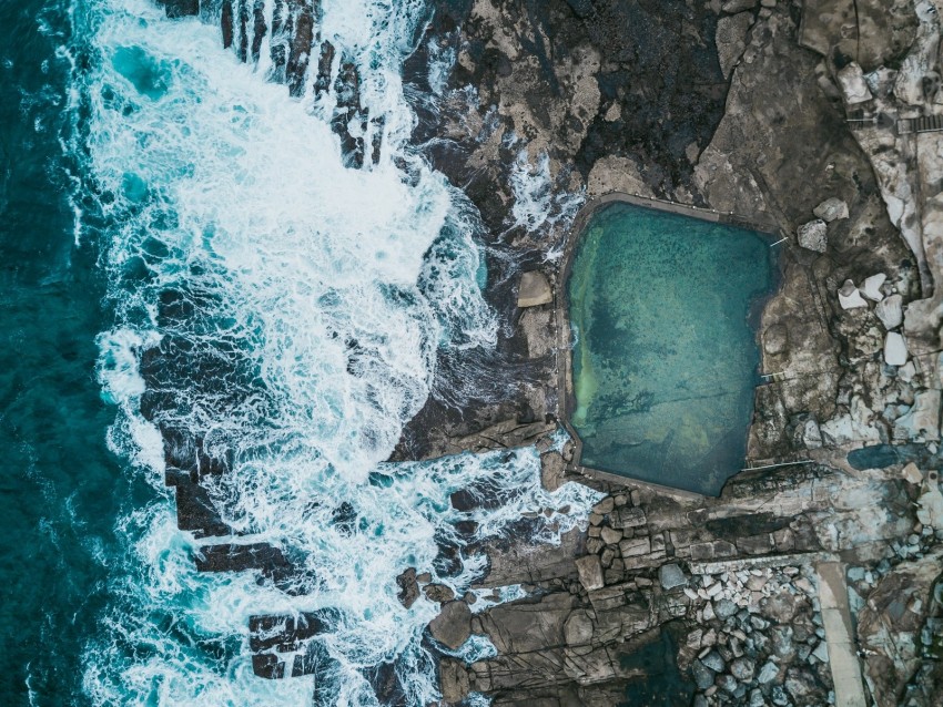 Sea Coast Aerial View Stones Rocks Waves Pool Background