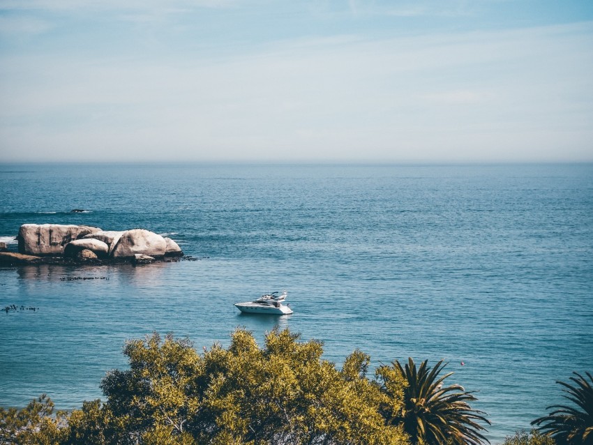 sea, coast, horizon, trees, yacht, stones