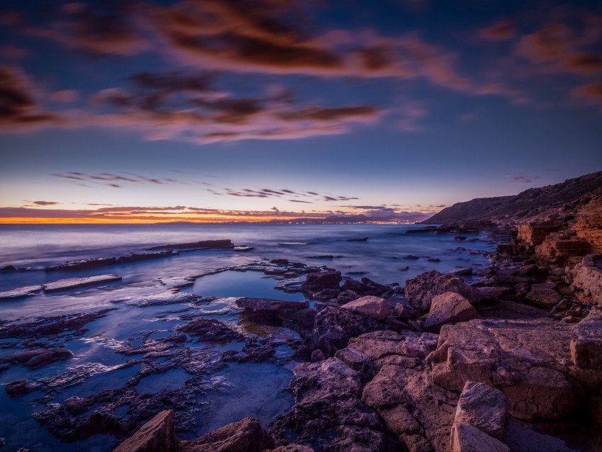 sea, coast, stones, sunset, spain