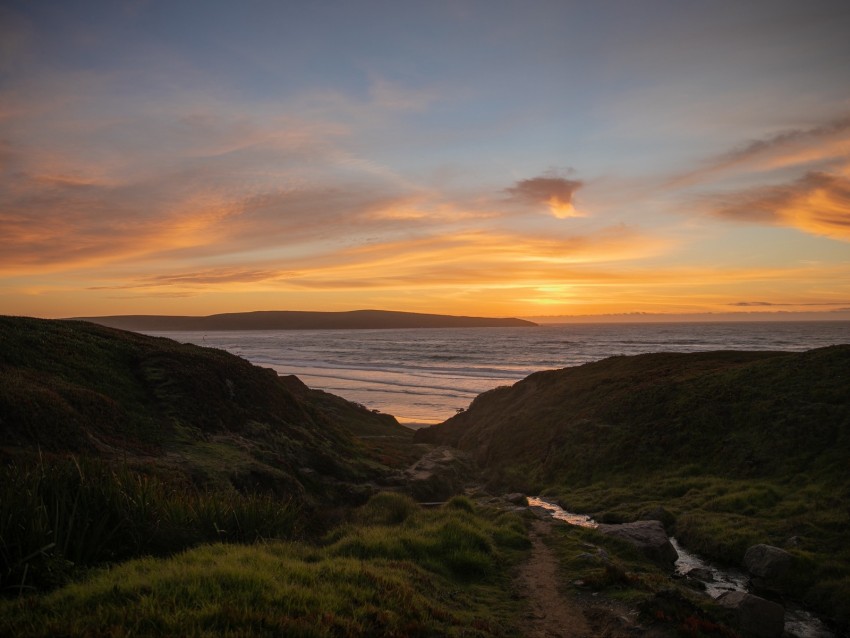 sea, coast, sunset, horizon, grass