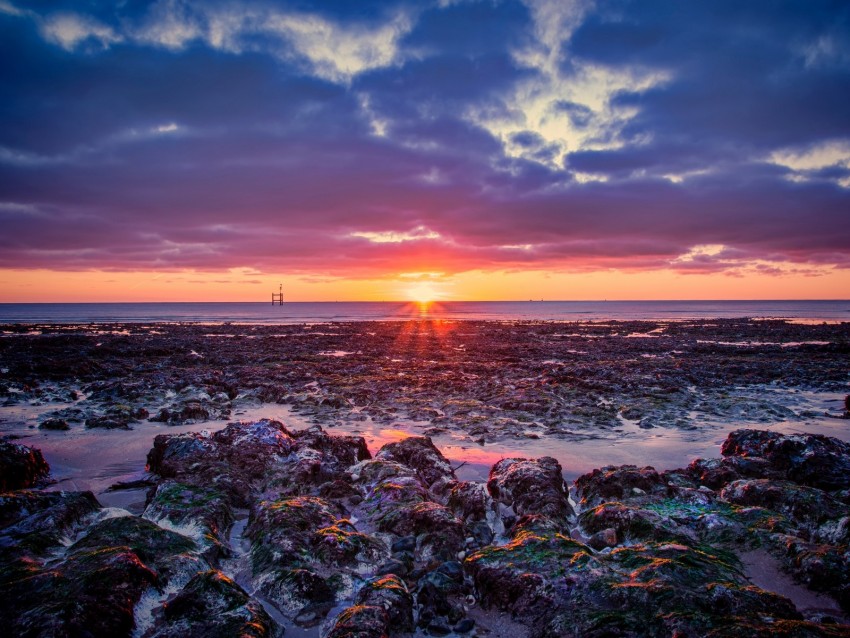 sea, coast, sunset, horizon, sky, twilight